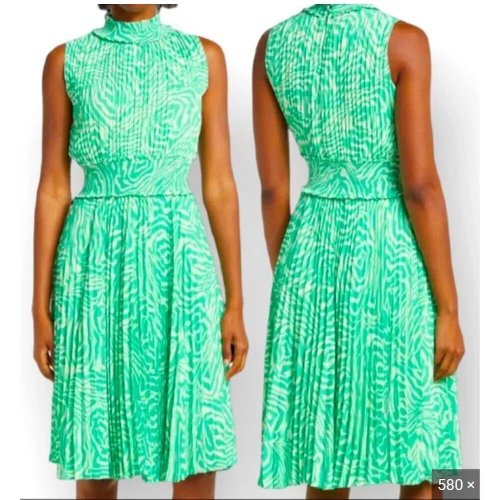 Nanette Lepore 6 Emerald Isle Pleated Sleeveless‎ Dress Mock Neck Crepe Chiffon